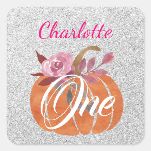 Fall Autumn Floral Pumpkin 1st Birthday One Silver Square Sticker