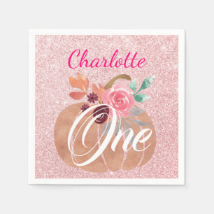 Fall Autumn Floral Pumpkin 1st Birthday Rose Gold Napkin