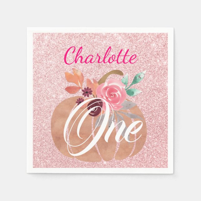 Fall Autumn Floral Pumpkin 1st Birthday Rose Gold Napkin (Front)