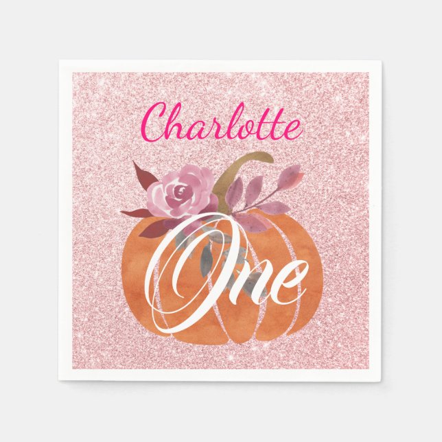 Fall Autumn Floral Pumpkin 1st Birthday Rose Gold Napkin (Front)