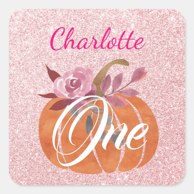 Fall Autumn Floral Pumpkin 1st Birthday Rose Gold Square Sticker (Front)