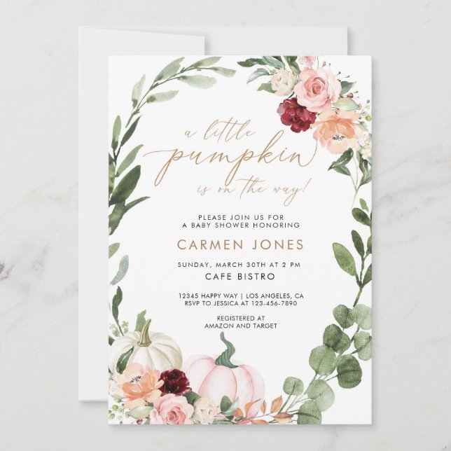  Fall Autumn Floral Pumpkin Baby Shower Invitation (Front)