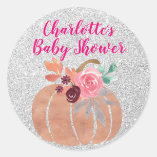 Fall Autumn Floral Pumpkin Baby Shower Pink Silver Classic Round Sticker