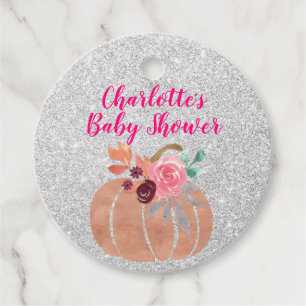 Fall Autumn Floral Pumpkin Baby Shower Pink Silver Favour Tags
