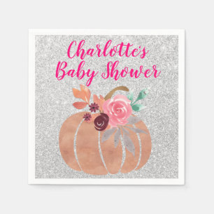 Fall Autumn Floral Pumpkin Baby Shower Pink Silver Napkin
