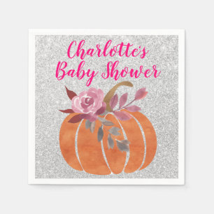 Fall Autumn Floral Pumpkin Baby Shower Pink Silver Napkin