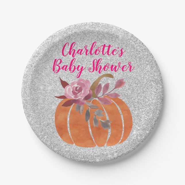 Fall Autumn Floral Pumpkin Baby Shower Pink Silver Paper Plate (Front)