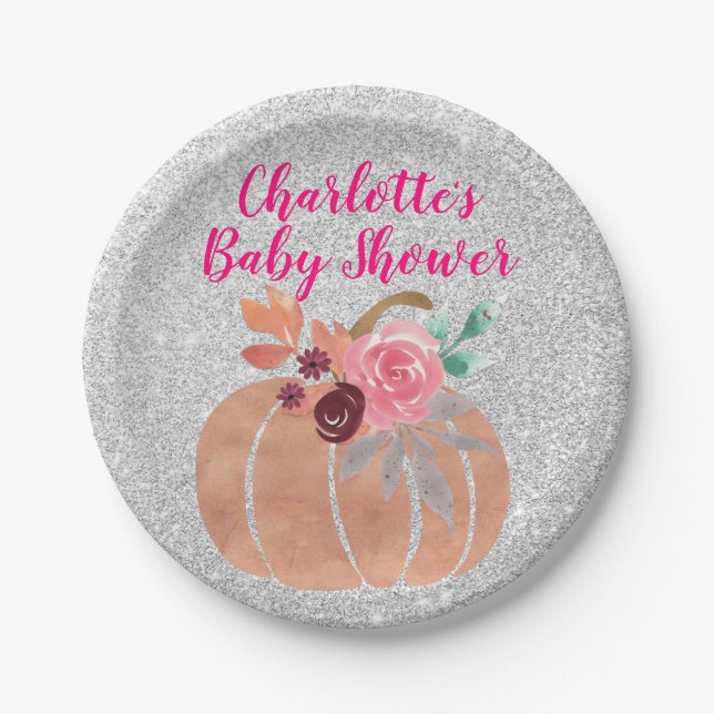 Fall Autumn Floral Pumpkin Baby Shower Pink Silver Paper Plate (Front)