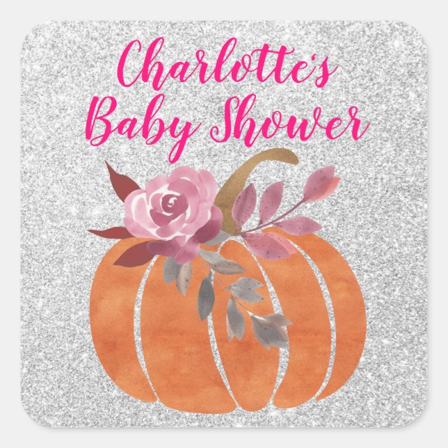 Fall Autumn Floral Pumpkin Baby Shower Pink Silver Square Sticker (Front)
