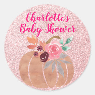 Fall Autumn Floral Pumpkin Baby Shower Rose Gold Classic Round Sticker