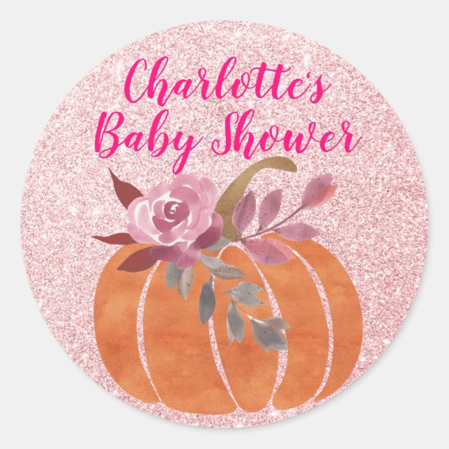 Fall Autumn Floral Pumpkin Baby Shower Rose Gold Classic Round Sticker (Front)