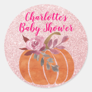 Fall Autumn Floral Pumpkin Baby Shower Rose Gold Classic Round Sticker