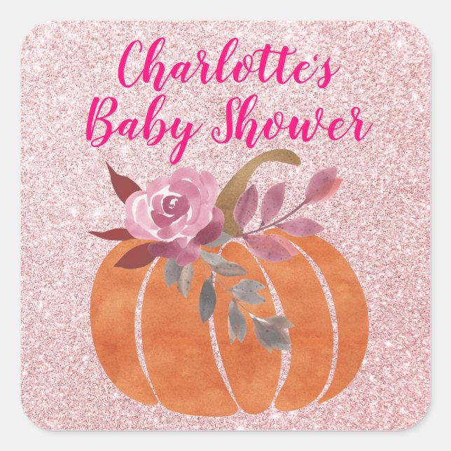 Fall Autumn Floral Pumpkin Baby Shower Rose Gold Square Sticker (Front)