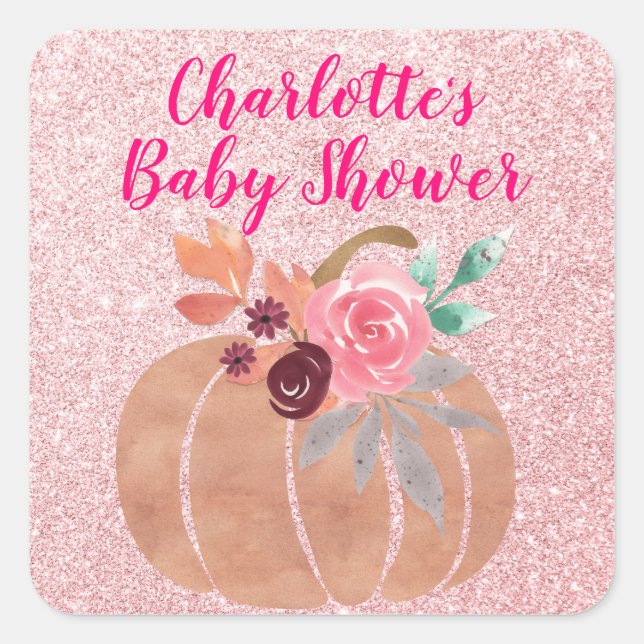 Fall Autumn Floral Pumpkin Baby Shower Rose Gold Square Sticker (Front)