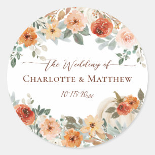 Fall Autumn Floral Pumpkin Wedding Classic Round Sticker