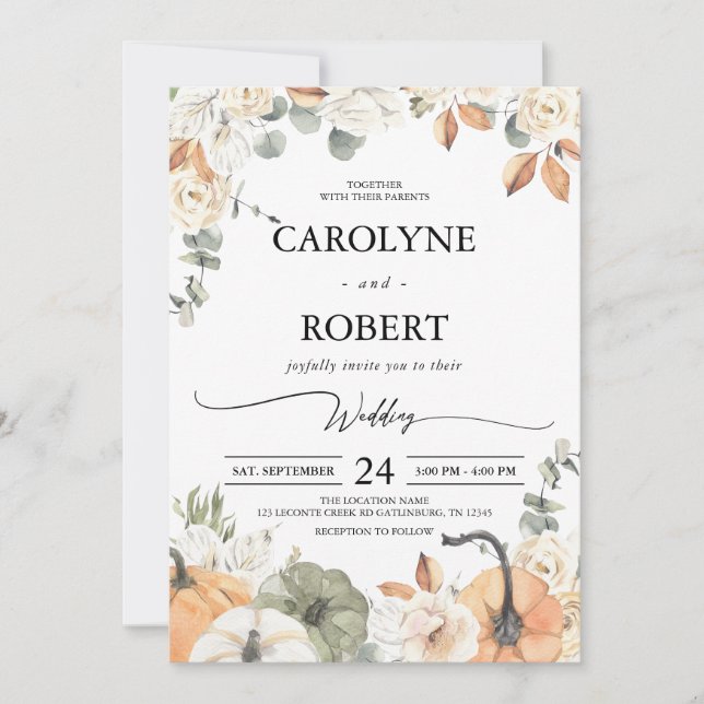 Fall Autumn Floral Pumpkin Wedding Invitation (Front)
