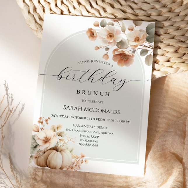 Fall Autumn Floral Pumpkin Woman Birthday Brunch Invitation (Creator Uploaded)