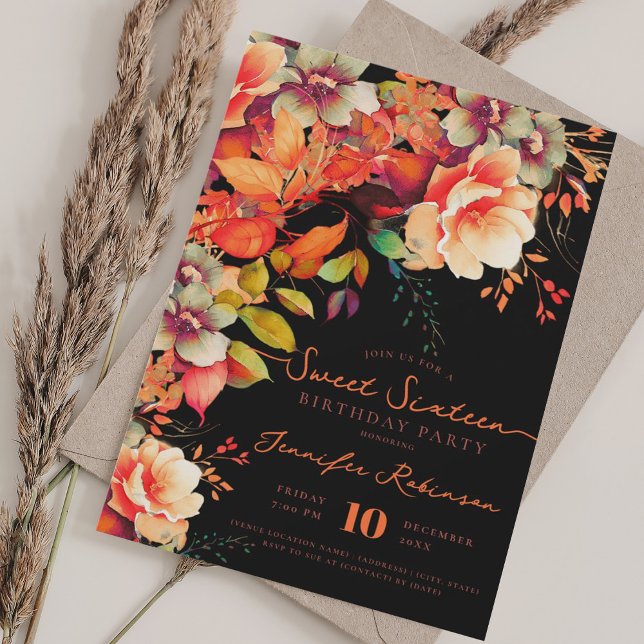 Fall Autumn Floral Sweet 16 Birthday Black Invitation (Fall Autumn Floral Sweet 16 Birthday Black Invitation)