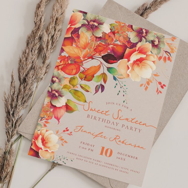Fall Autumn Floral Sweet 16 Birthday Champagne Invitation (Fall Autumn Floral Sweet 16 Birthday Champagne Invitation)