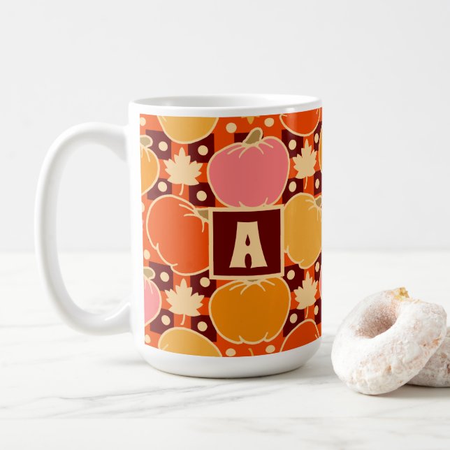 Fall Autumn Flowers & Pumpkin Boho Orange Plaid Coffee Mug (With Donut)