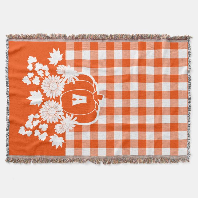 Fall Autumn Flowers & Pumpkin Vines Orange Plaid Throw Blanket (Front)