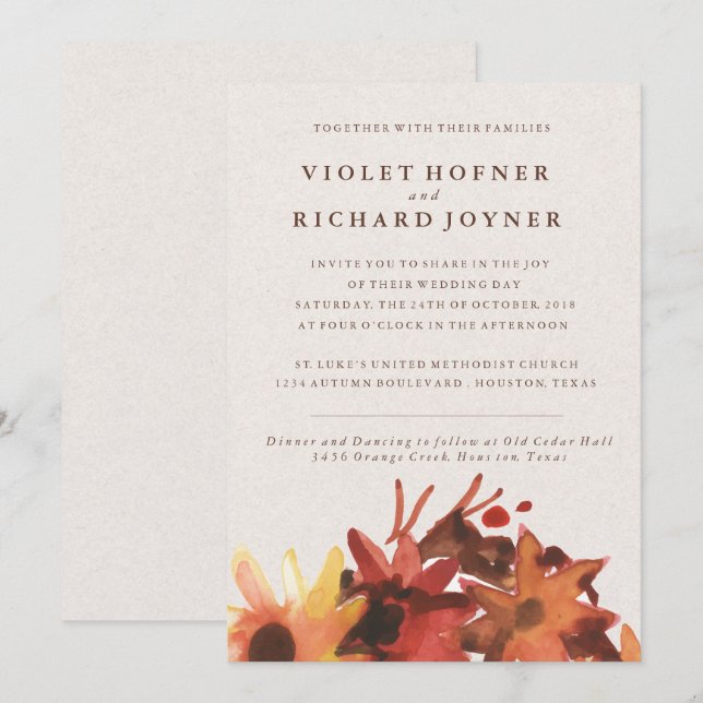 Fall /Autumn Flowers Wedding Invitation (Front/Back)