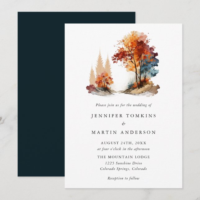 Fall Autumn Forest Mountain Watercolor Wedding Invitation (Front/Back)