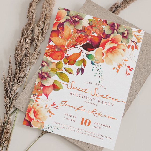 Fall Autumn Garden Floral Sweet 16 Birthday Party Invitation (Fall Autumn Garden Floral Sweet 16 Birthday Party Invitation)