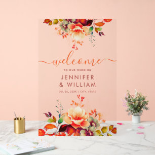 Fall Autumn Garden Floral Wedding Welcome Acrylic Sign