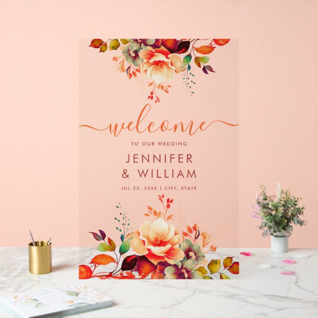 Fall Autumn Garden Floral Wedding Welcome Acrylic Sign (Wedding)