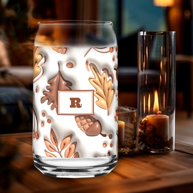 Fall Autumn Leaves Acorn 3D Modern Monogram Can Glass (Fall Autumn Leaves Acorn 3D Modern Monogram Can Glass)