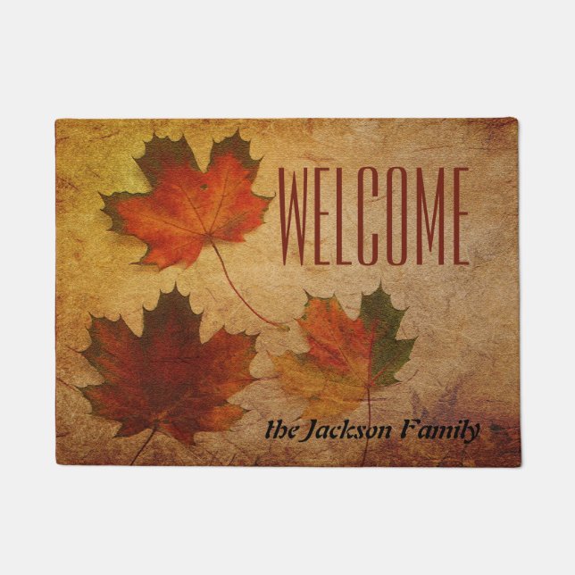 Fall Autumn Leaves Colourful Family Name Doormat (Front)