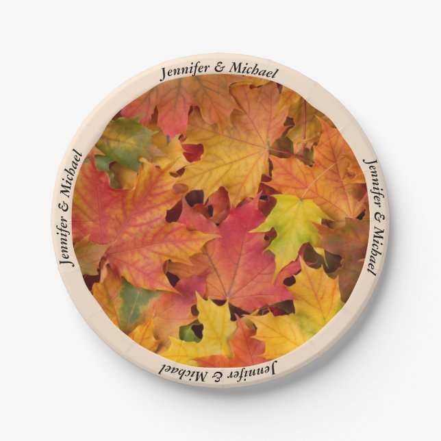 Fall Autumn Leaves Custom Names Wedding Reception Paper Plate (Front)
