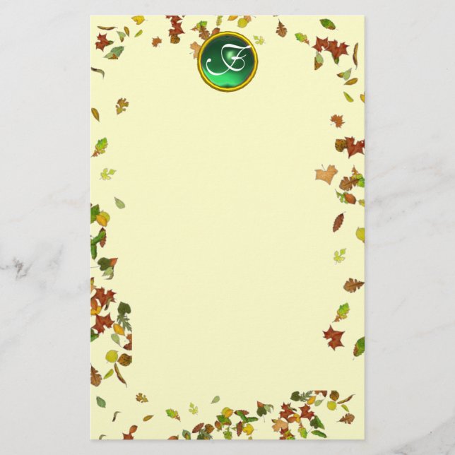 FALL / AUTUMN LEAVES EMERALD GEMSTONE MONOGRAM STATIONERY (Front)