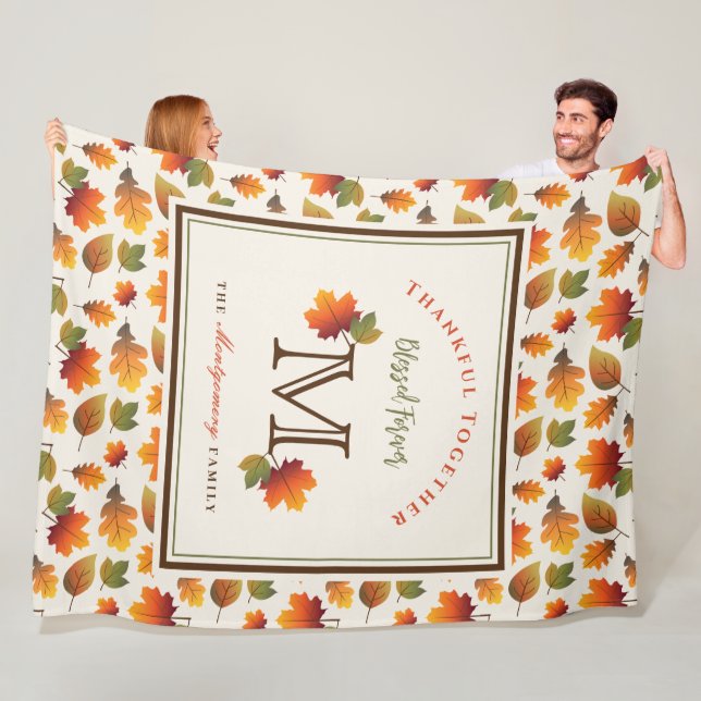 Fall/Autumn Leaves Family Monogram Thanksgiving Fleece Blanket (In Situ)
