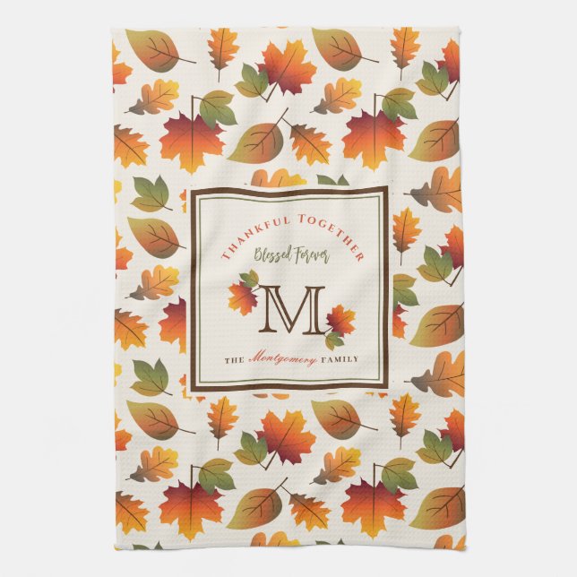 Fall/Autumn Leaves Family Monogram Thanksgiving Tea Towel (Vertical)