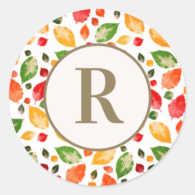 Fall Autumn Leaves Monogram Initial Classic Round Sticker (Front)