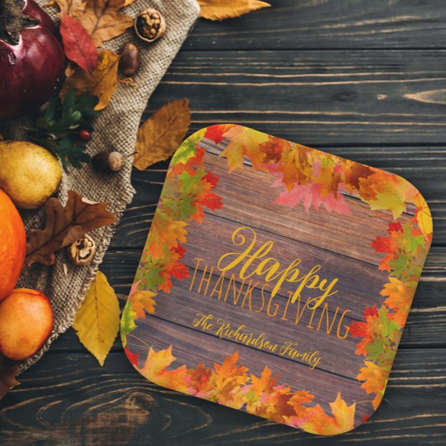 Fall Autumn Leaves on Barn Wood Happy Thanksgiving Paper Plate (Creator Uploaded)
