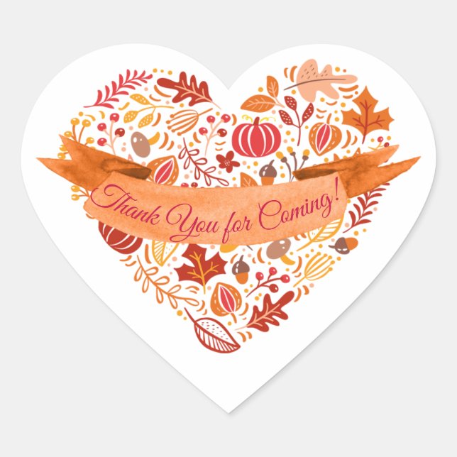 Fall Autumn Leaves Pumpkins Thank You for Coming Heart Sticker (Front)
