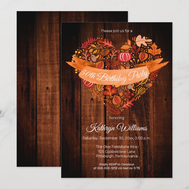 Fall | Autumn Leaves Pumpkins Wood Birthday Party Invitation (Front/Back)