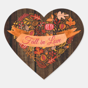 Fall Autumn Leaves Pumpkins Wood Fall in Love Heart Sticker