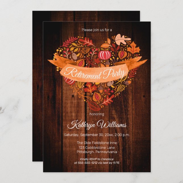 Fall Autumn Leaves Pumpkins Wood Retirement Party Invitation (Front/Back)