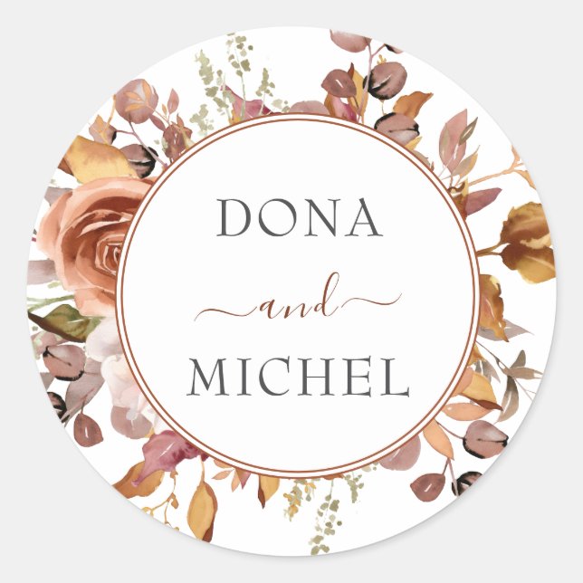 Fall Autumn Leaves Rustic Country Boho Wedding Classic Round Sticker (Front)