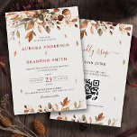 Fall Autumn Leaves Rustic Country Boho Wedding  In Invitation<br><div class="desc">Elegant rustic country fall wedding Invitation with QR code rsvp on back featuring brown,  red,  orange,  green eucalyptus leaves. Please contact me for any help in customisation or if you need any other product with this design.</div>