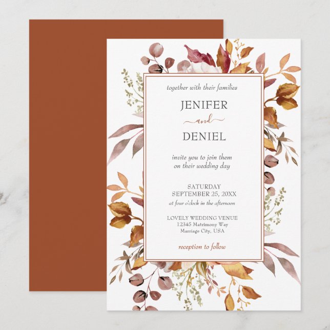 Fall Autumn Leaves Rustic Country Boho Wedding Invitation (Front/Back)
