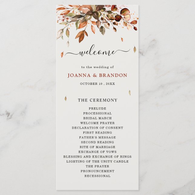 Fall Autumn Leaves Rustic Country Boho Wedding Programme (Front)