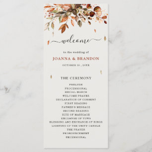 Fall Autumn Leaves Rustic Country Boho Wedding Programme
