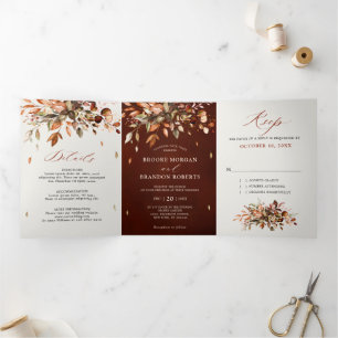 Fall Autumn Leaves Rustic Country Boho Wedding Tri-Fold Announcement