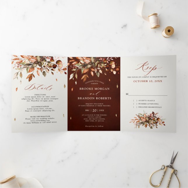 Fall Autumn Leaves Rustic Country Boho Wedding  Tri-Fold Announcement (Inside)