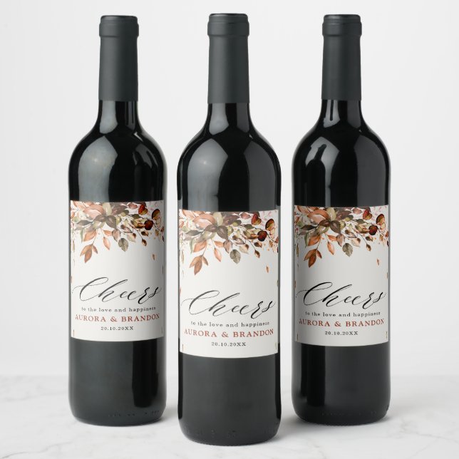 Fall Autumn Leaves Rustic Country Boho Wedding Wine Label (Bottles)